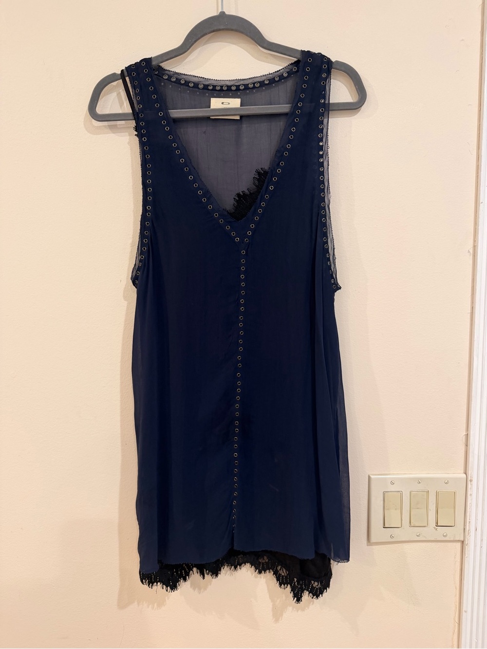 Pins & Needles Navy Eyelet Trim V-Neck Slip Dress with Lace